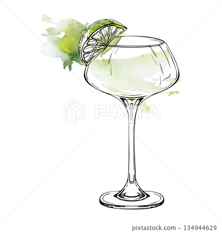 Classic white rum Daiquiri cocktail, clear vodka or martini alcohol in tall coupe glass, lime slice rim garnish. Isolated watercolor and ink illustration for recipe cards, posters, and digital prints. Classic white rum Daiquiri cocktail, clear vodka or martini alcohol in tall coupe glass, lime slice rim garnish. Isolated watercolor and ink illustration for recipe cards, posters, and digital prints. 134944629