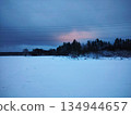 Snowy field at dusk with forest. Winter landscape. 134944657