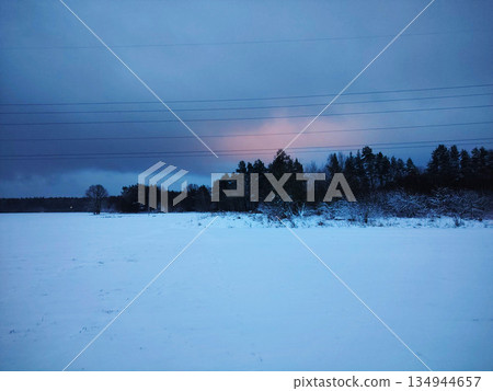Snowy field at dusk with forest. Winter landscape. 134944657