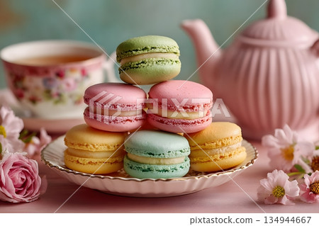 Pastel-colored French macaron tower 134944667