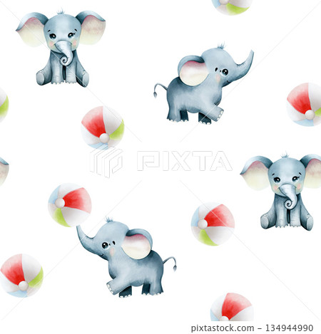 Seamless pattern with cute baby elephant play beach ball. Watercolor hand drawn safari sitting animal illustration isolated on background. For designers, postcards, greetings, birthday, calendar 134944990
