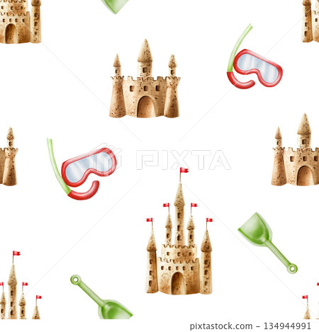 Sand castle and red flag. Watercolor hand drawn kids play in the sandbox illustration isolated on background. For designers, postcards, greetings, birthday, calendar, wallpapers, wrapping paper Sand castle and red flag. Watercolor hand drawn kids play in the sandbox illustration isolated on background. For designers, postcards, greetings, birthday, calendar, wallpapers, wrapping paper 134944991