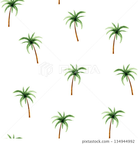 Green palm tree seamless pattern. Coconut tree clipart. Watercolor hand drawn floral jungle illustration isolated on background. For designers, postcards, greetings, birthday, calendar, wallpapers 134944992