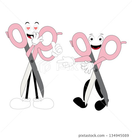 Cute scissors mascot character with funny facial expressions. Cartoon style illustration isolated on white background, suitable for education, craft, DIY, stationery, children, and creative design Cute scissors mascot character with funny facial expressions. Cartoon style illustration isolated on white background, suitable for education, craft, DIY, stationery, children, and creative design 134945089
