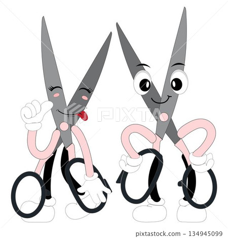 Cute scissors mascot character with funny facial expressions. Cartoon style illustration isolated on white background, suitable for education, craft, DIY, stationery, children, and creative design Cute scissors mascot character with funny facial expressions. Cartoon style illustration isolated on white background, suitable for education, craft, DIY, stationery, children, and creative design 134945099