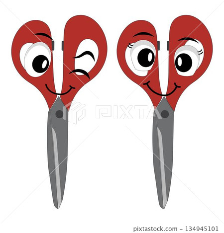 Cute scissors mascot character with funny facial expressions. Cartoon style illustration isolated on white background, suitable for education, craft, DIY, stationery, children, and creative design 134945101