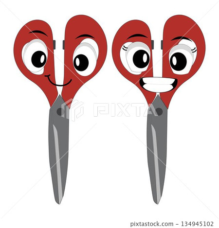 Cute scissors mascot character with funny facial expressions. Cartoon style illustration isolated on white background, suitable for education, craft, DIY, stationery, children, and creative design Cute scissors mascot character with funny facial expressions. Cartoon style illustration isolated on white background, suitable for education, craft, DIY, stationery, children, and creative design 134945102