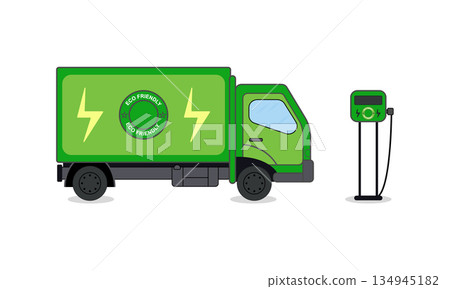 Electric Delivery Truck Charging at EV Station Flat Vector Illustration	 134945182