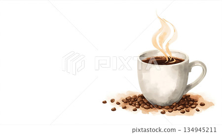 白色背景上的柔和水彩插圖，描繪了咖啡和咖啡豆。 134945211