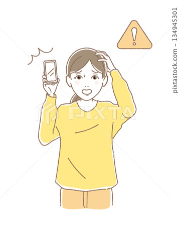 Woman in a panic holding a smartphone Woman in a panic holding a smartphone 134945301