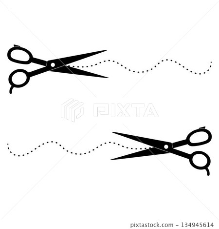 Scissor, trim line icon. paper cut sign. Scissors cutting dotted lines isolated on white background. Tailor Scissors with Curved Cut Path Scissor, trim line icon. paper cut sign. Scissors cutting dotted lines isolated on white background. Tailor Scissors with Curved Cut Path 134945614