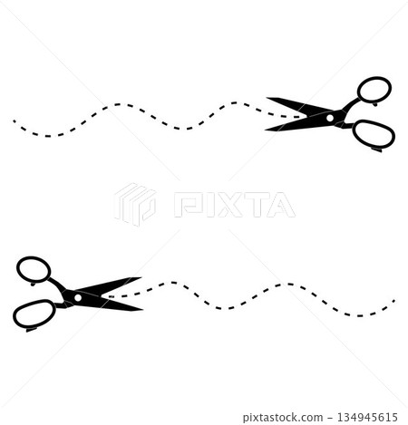 Scissor, trim line icon. paper cut sign. Scissors cutting dotted lines isolated on white background. Tailor Scissors with Curved Cut Path Scissor, trim line icon. paper cut sign. Scissors cutting dotted lines isolated on white background. Tailor Scissors with Curved Cut Path 134945615