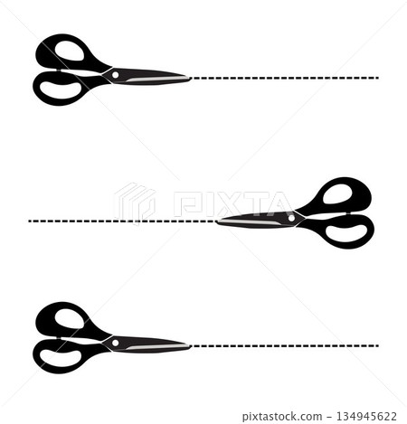 Scissor, trim line icon. paper cut sign. Scissors cutting dotted lines isolated on white background. Tailor Scissors with Curved Cut Path 134945622