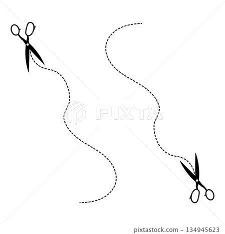 Scissor, trim line icon. paper cut sign. Scissors cutting dotted lines isolated on white background. Tailor Scissors with Curved Cut Path 134945623