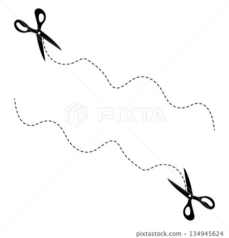 Scissor, trim line icon. paper cut sign. Scissors cutting dotted lines isolated on white background. Tailor Scissors with Curved Cut Path 134945624