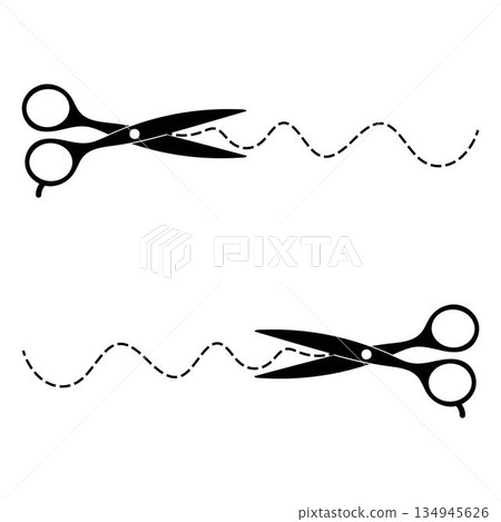 Scissor, trim line icon. paper cut sign. Scissors cutting dotted lines isolated on white background. Tailor Scissors with Curved Cut Path 134945626