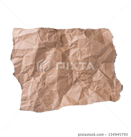 A crumpled and torn piece of brown craft paper with a rough texture, isolated on a transparent background. Useful for grunge backgrounds or textured overlays. 134945793