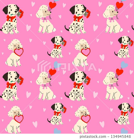Cartoon puppies with flowers and hearts in a repeating pattern Cartoon puppies with flowers and hearts in a repeating pattern 134945848