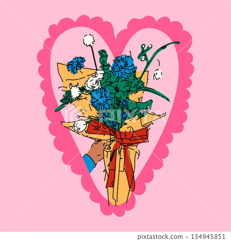 Bright Floral Bouquet in Heart Frame for Romance 134945851