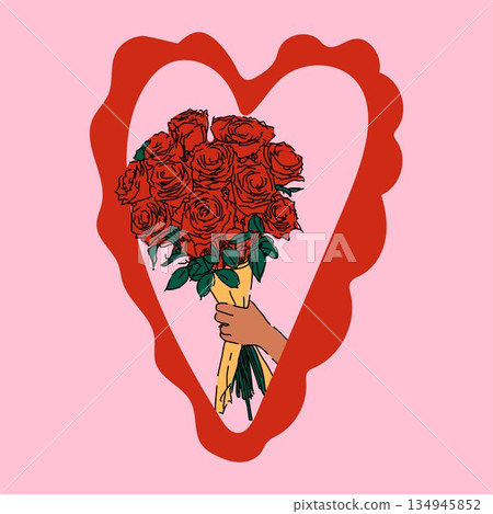 Hand Holding Bouquet of Red Roses in Heart Frame Hand Holding Bouquet of Red Roses in Heart Frame 134945852