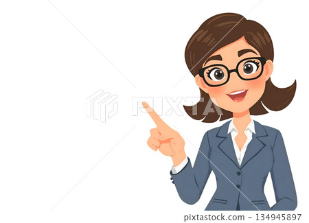 圖解：一位身穿西裝的可愛女士舉起食指解釋。 134945897