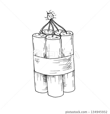 Vector burning bomb. Hand painted linear depicting explosives and detonation illustration. Graphic monochrome sketch isolated on background. For designers, prints, logo, icon, menu, postcards, holiday 134945932