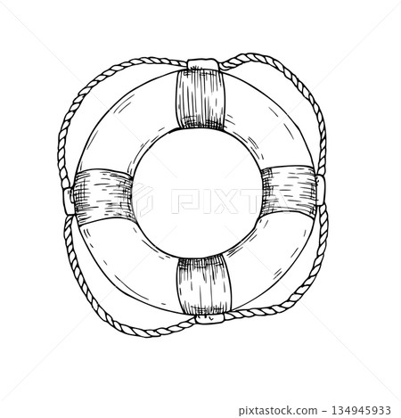 Vector lifebuoy. Hand painted linear Safety and Rescue Equipment illustration. Graphic monochrome sketch isolated on background. For designers, prints, logo, icon, menu, postcards, holiday, covers Vector lifebuoy. Hand painted linear Safety and Rescue Equipment illustration. Graphic monochrome sketch isolated on background. For designers, prints, logo, icon, menu, postcards, holiday, covers 134945933
