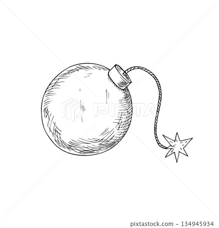 Vector burning bomb. Hand painted linear depicting explosives and detonation illustration. Graphic monochrome sketch isolated on background. For designers, prints, logo, icon, menu, postcards, holiday Vector burning bomb. Hand painted linear depicting explosives and detonation illustration. Graphic monochrome sketch isolated on background. For designers, prints, logo, icon, menu, postcards, holiday 134945934