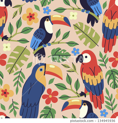 Seamless pattern with toucans and parrots and tropical flowers and leaves. Vector graphics. Seamless pattern with toucans and parrots and tropical flowers and leaves. Vector graphics. 134945936