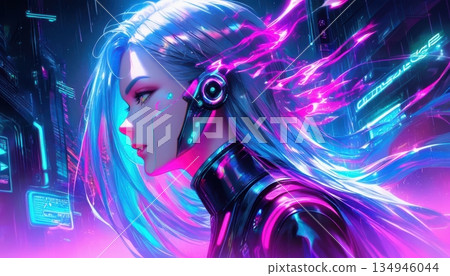 Futuristic woman with cybernetic implants and glowing energy hair in rain 134946044
