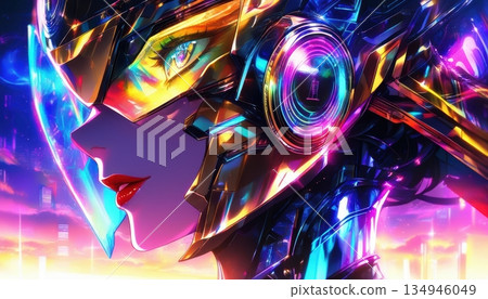 Detailed close up portrait of a futuristic mecha pilot with glowing visor 134946049