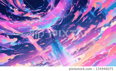 Young anime girl standing on skyscraper under a swirling cosmic galaxy sky 134946075