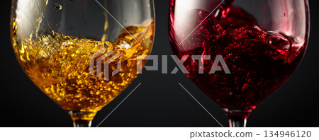White and red wine being poured into a glasses. 134946120
