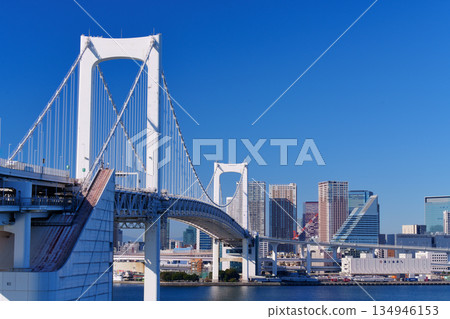 Tokyo Bay: Rainbow Bridge and coastal scenery 134946153