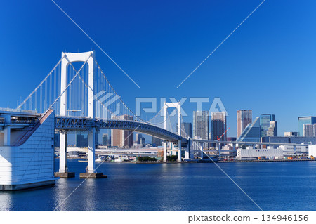 Tokyo Bay: Rainbow Bridge and coastal scenery Tokyo Bay: Rainbow Bridge and coastal scenery 134946156
