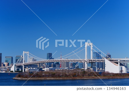 Tokyo Bay: Rainbow Bridge and coastal scenery Tokyo Bay: Rainbow Bridge and coastal scenery 134946163
