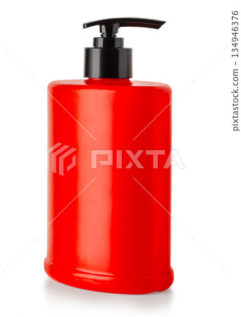 Red liquid soap pumping dispenser bottle on white background Red liquid soap pumping dispenser bottle on white background 134946376