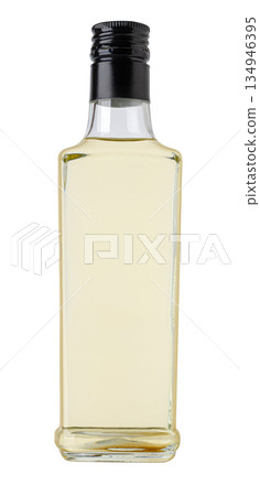 Glass flat square bottle containing oil with transparent background 134946395