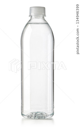 Plastic water bottle with clear liquid for hydration 134946399