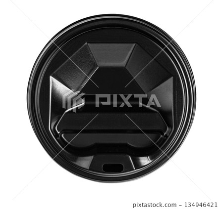 Black plastic coffee cup lid top view 134946421