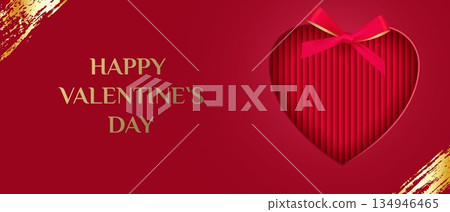 Horizontal Valentine s Day banner. A paper heart cut out and decorated with a bow 134946465