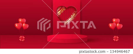 Valentine s Day banner with a red cylindrical plinth. Paper cutout heart-shaped figure with texture. Product display mockup. Stage showcase. Vector illustration. 134946467