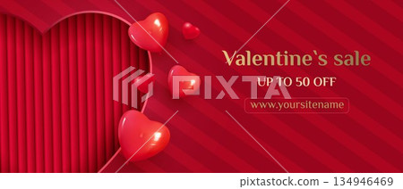 A horizontal Valentine s Day banner. A paper heart, cut out and decorated with a bow and balloons. 134946469