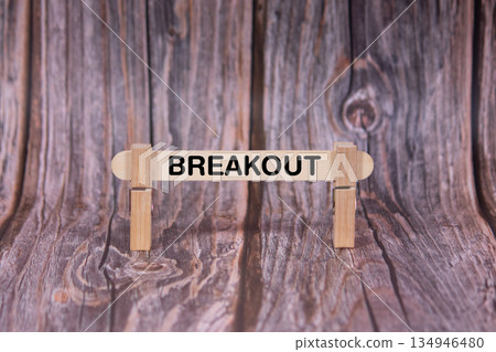 Breakout symbol. A wooden stick clasped by clothespins set over a beautiful Brown Grunge Wooden Texture Background. Business and Breakout concept with copy space 134946480