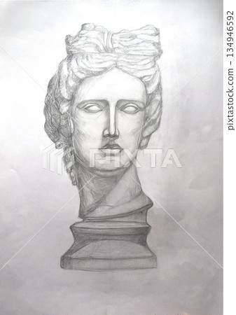 Drawing of a plaster head. Handmade. Black and white. Apollo. 134946592
