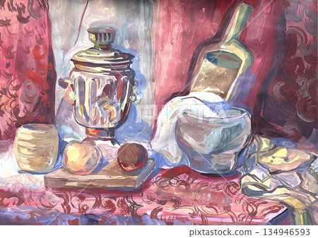 Gouache still life, samovar, apples, pot, mug on silk patterned fabric. 134946593