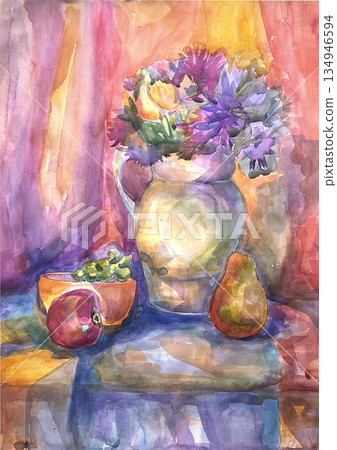 Watercolor still life, vase, flowers, fruits, plate on silk fabric 134946594