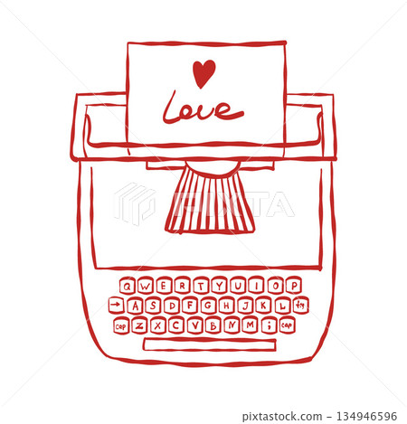 Vector linear illustration of an old typewriter. Vintage red outline clipart for Valentine's Day and weddings. The inscription Love Vector linear illustration of an old typewriter. Vintage red outline clipart for Valentine's Day and weddings. The inscription Love 134946596