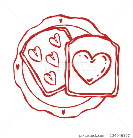 Toast with hearts on a vintage plate. Toasted bread. Sandwich. Romantic breakfast. Vector outline red illustration for Valentines Day Toast with hearts on a vintage plate. Toasted bread. Sandwich. Romantic breakfast. Vector outline red illustration for Valentines Day 134946597