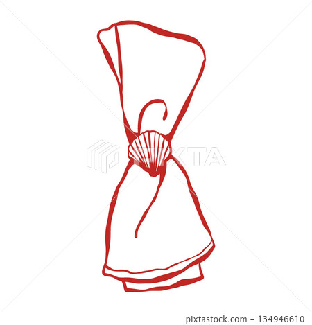 Hand-drawn napkin with a shell in a retro vintage style. Illustration in a flirty doodle style. Wedding in a nautical Italian style. Vector outline illustration 134946610
